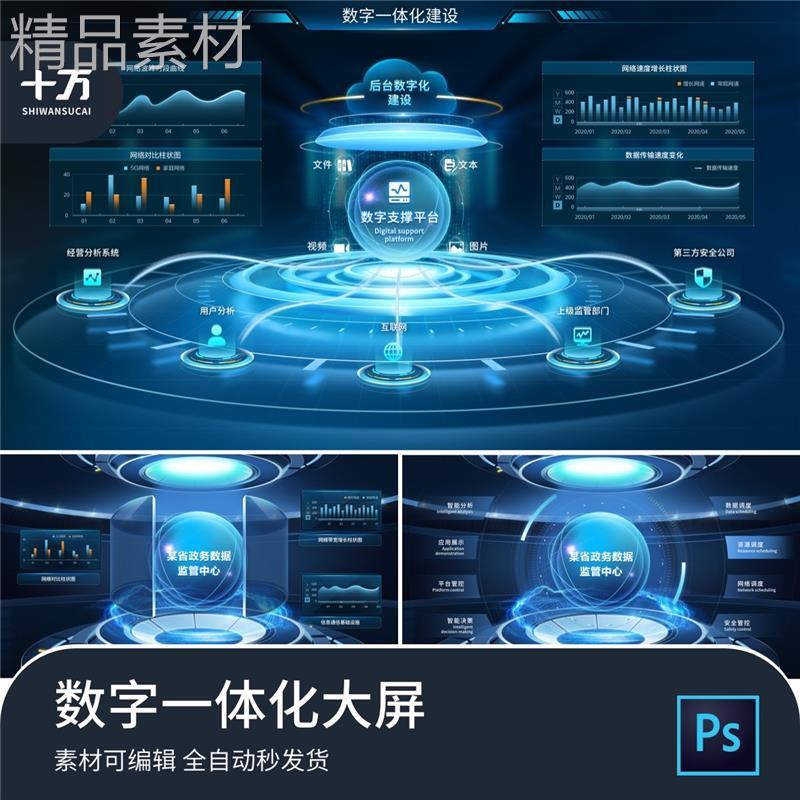 数字一体化可视化大屏门户3D立体效果页面psd分层源文件素材模板