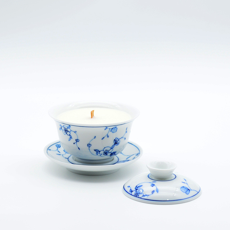 新中式梅花盖碗茶香氛蜡烛青花瓷香薰蜡烛伴手礼茶室缓压香器皿道