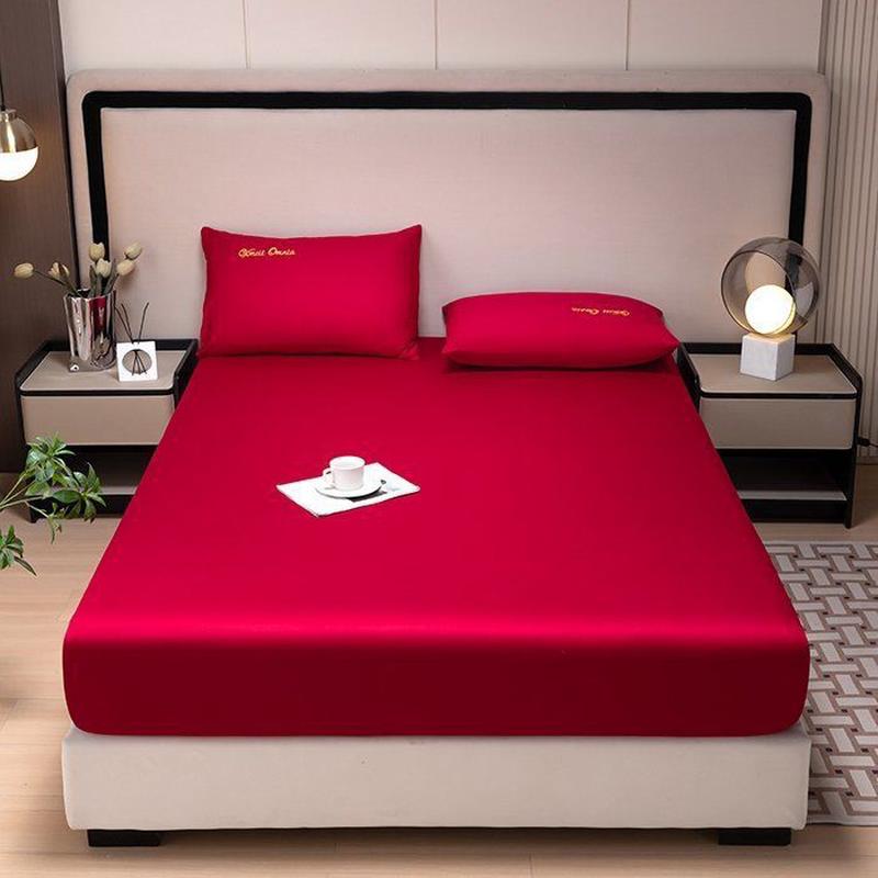 新款40全棉支床笠三件套单件床套子结婚庆大红色防滑床单双人床罩