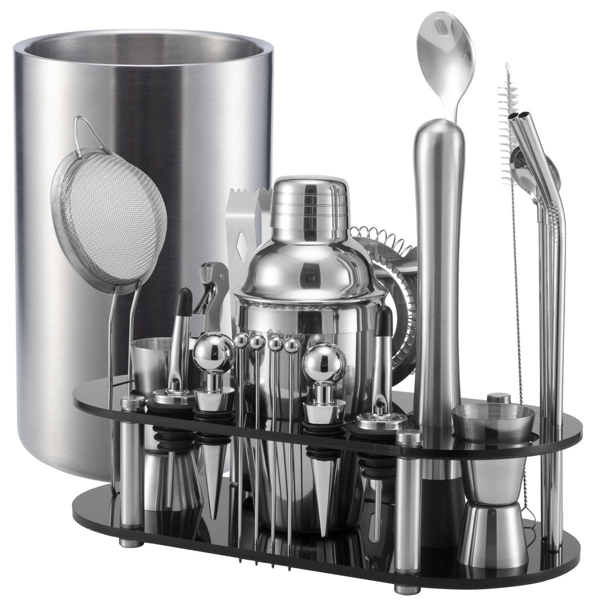 冰桶调酒工具套装24件套不锈钢调酒器鸡尾酒摇壶椭圆架拆亚克力可