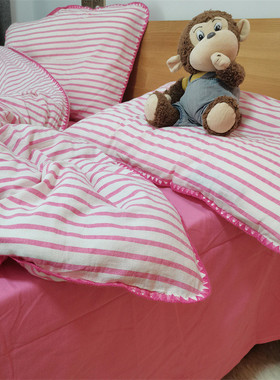 清爽夏日西瓜色绿色三角针水洗棉条纹四件套1.5m1.8公寓被套三件