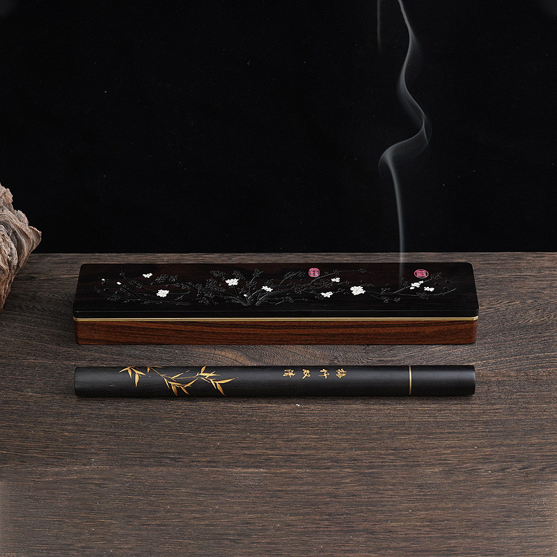 中国风梅竹卧香炉黄铜紫光檀镂空雕刻红木香盒沉熏香炉线香插套装