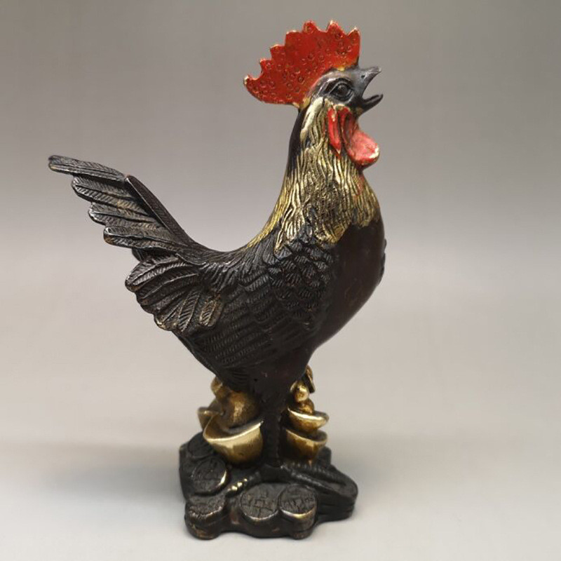 古玩仿古铜器紫铜色鎏金公鸡家居客厅摆件收藏黄铜鸡生肖鸡摆设