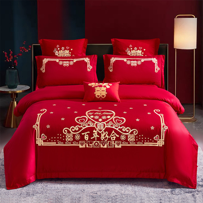 高档奢华中式刺绣婚庆四件套大红色批发结婚床上用品厂家床单被套