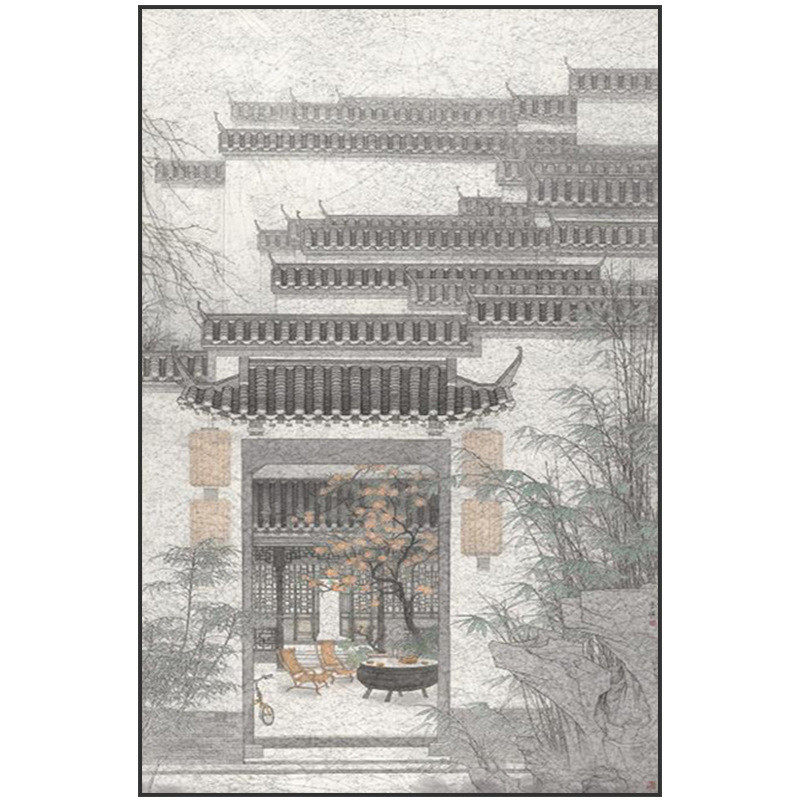 新中式徽派建筑中国风装饰画客厅背景走廊玄关墙壁古风美景挂画