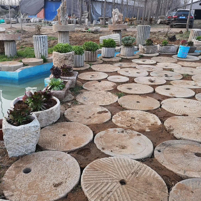 石雕磨盘民间旧石器圆盘铺景区石路地园林铺路石磨盘老石头磨盘