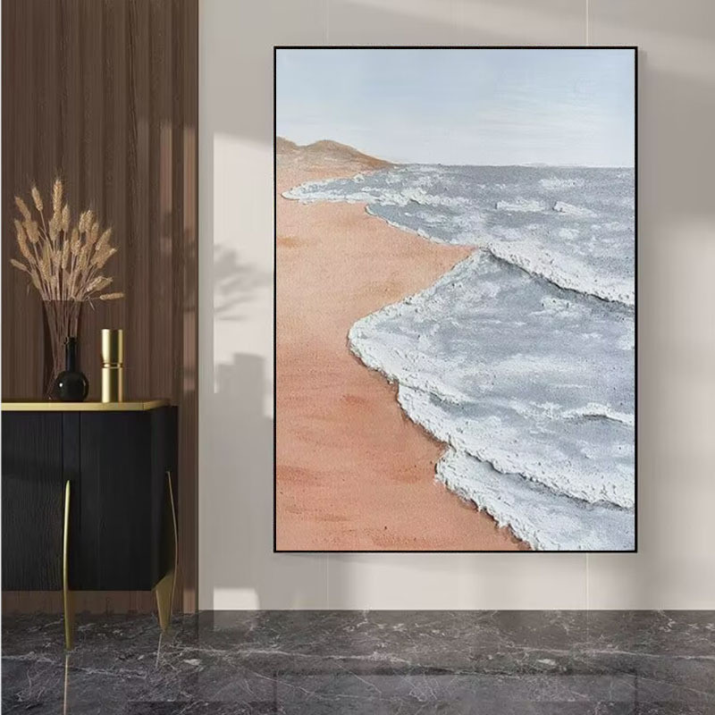 手绘砂岩客厅装饰画抽象海景玄关走廊挂画丙烯石英砂立体肌理油画图片