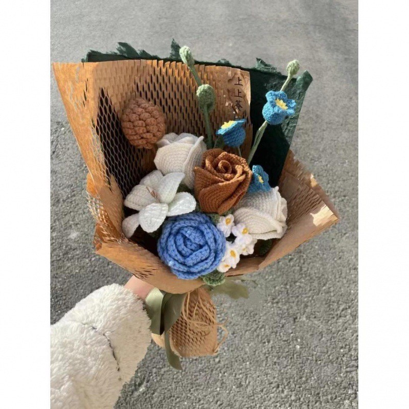 毛线花成品编织diy酒杯闺蜜百合花束复古毛线钩织成品送女友玫瑰