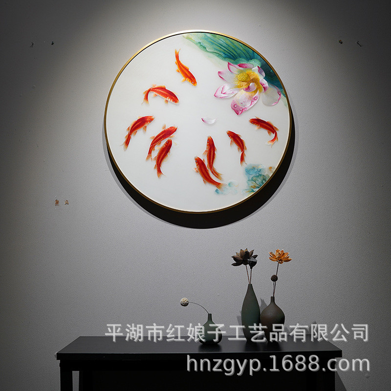 新中式风格荷花水滴鱼圆形成品纯手工苏绣刺绣玄关过道客厅装饰画图片