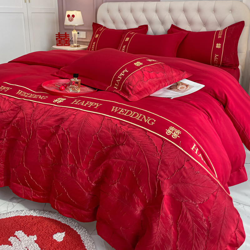 简约中式婚庆大红色四件套高级感女方陪嫁结婚房床单被套床上用品