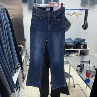 韩国代购VANILLA J蓝色微喇裤女 25秋冬松紧腰修身水洗复古牛仔裤