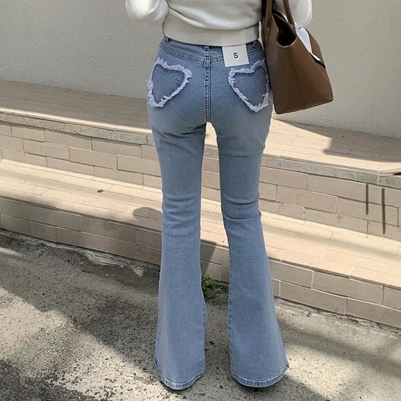 韩国东大门代购浅蓝喇叭长裤女2024秋高腰爱心口袋修身显瘦牛仔裤