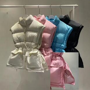 韩国东大门代购粉色羽绒无袖坎肩女2024秋冬立领加厚保暖收腰马甲