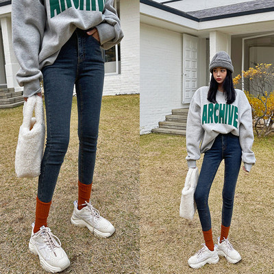 加绒2025秋冬高腰牛仔小脚长裤