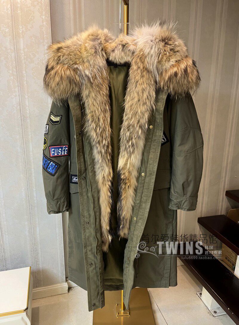 韩国代购狼毛皮草大衣羽绒服女 22冬豪霸气加厚保暖中长鸭绒外套