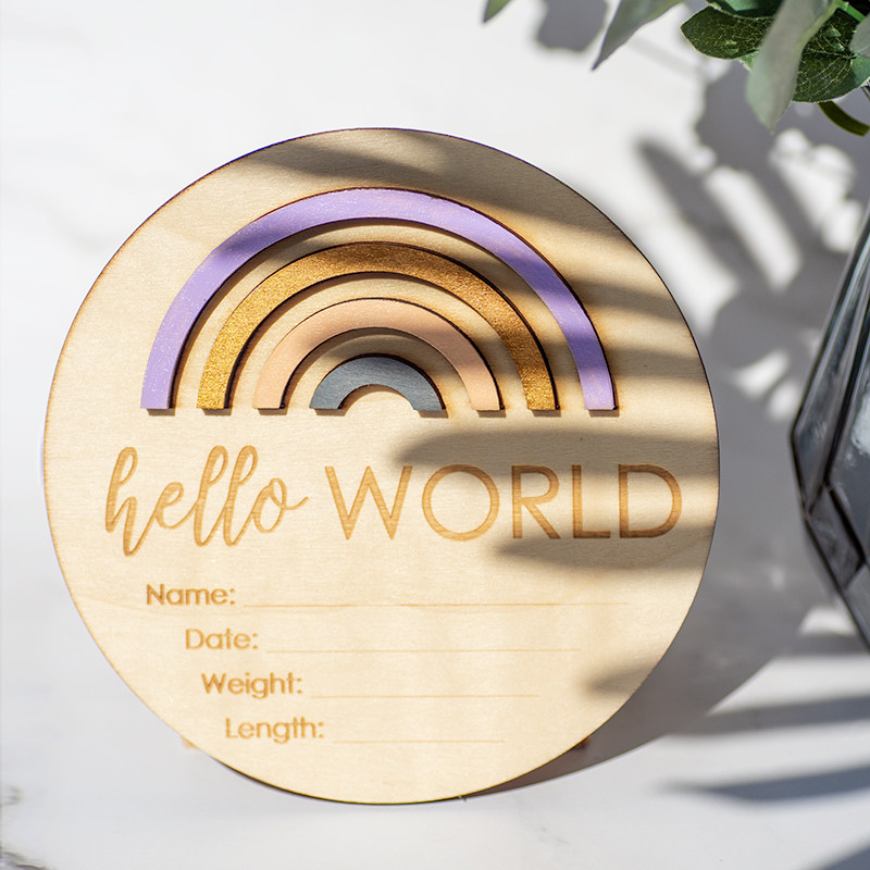 男女宝宝成长记录木质彩虹圆盘hello word父母书写孩子重要时刻板