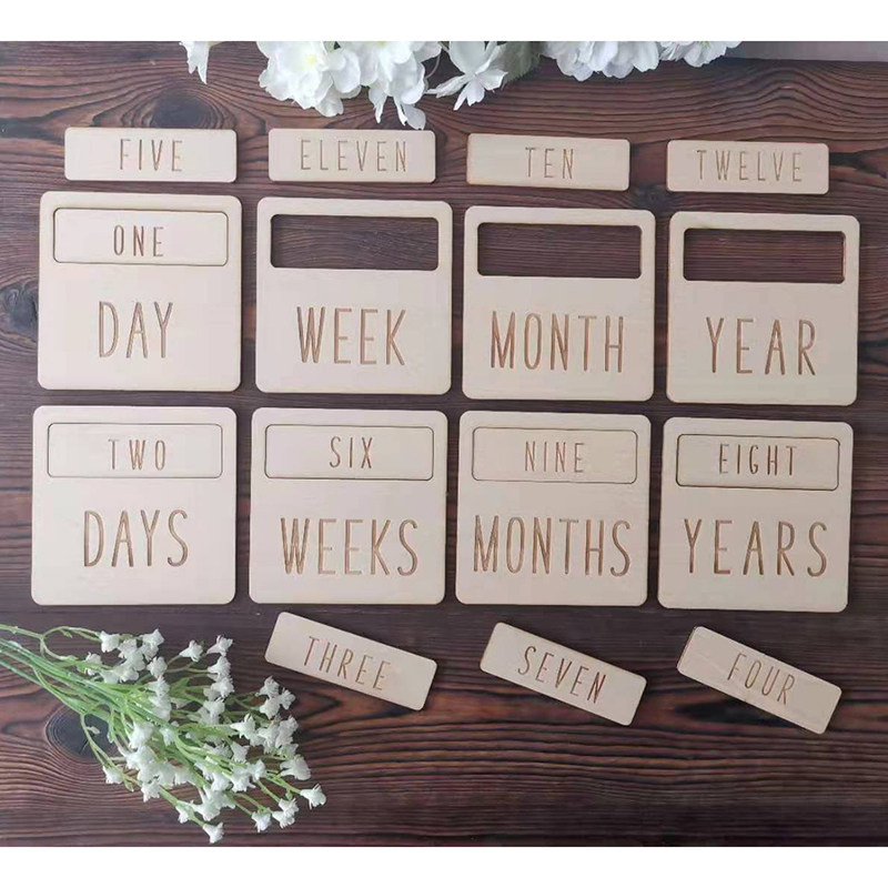 方形木质婴儿宝宝成长纪念卡片月份纪念满月新生天数拍照diy卡片