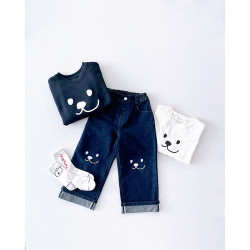 100-145韩系潮童RJ男女童深蓝刺绣卡通松紧腰直筒牛仔裤