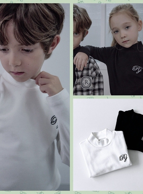 100-145韩系潮童RJ两色刺绣字母半高领拉架面料长袖打底衫