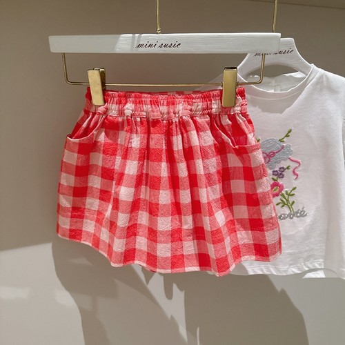 纯棉松紧腰格子口袋半身裙腰裙