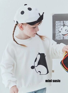 100-145韩系潮童RJ男女童黑色猫咪毛圈套头卫衣