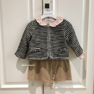 1-7女童法式黑白编织香风短外套开衫