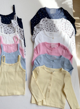 1-10澳女童镂空氨棉多色圆领单排扣薄开衫外套+吊带上衣