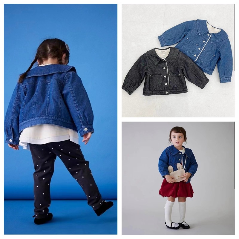 包邮80-130日系pm女童两色内里仿羊羔毛柔软牛仔外套