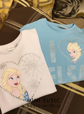 98-122女童纯棉烫钻冰雪公主长袖T恤