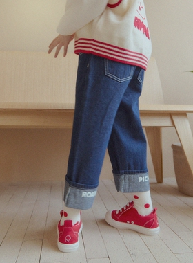 100-145韩系潮童RJ男女童深蓝色翻边裤脚字母松紧腰牛仔阔腿裤