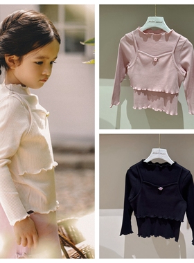 110-145韩系高端女童三色花朵假两件坑条弹力长袖T恤