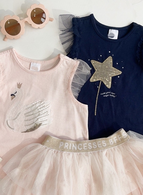 1-8澳女童两色卡通刺绣亮片网纱小飞肩背心T恤