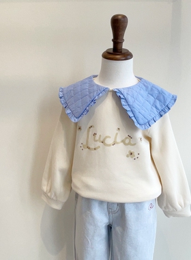 110-155韩系高端童装女童白色烫钻字母内抓绒蓝色大翻领套头卫衣