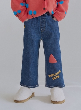 100-145韩系潮童RJ男女童蓝色红三角字母松紧腰牛仔裤