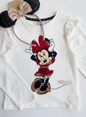 3-8女童白色亮片卡通套头长袖T恤