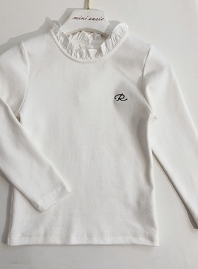 100-145韩系潮童RJ女童白色木耳领长袖套头打底衫T恤