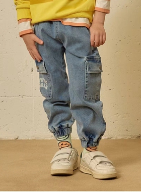 110-150韩系男女童蓝色字母口袋松紧腰束脚口弹力牛仔工装长裤