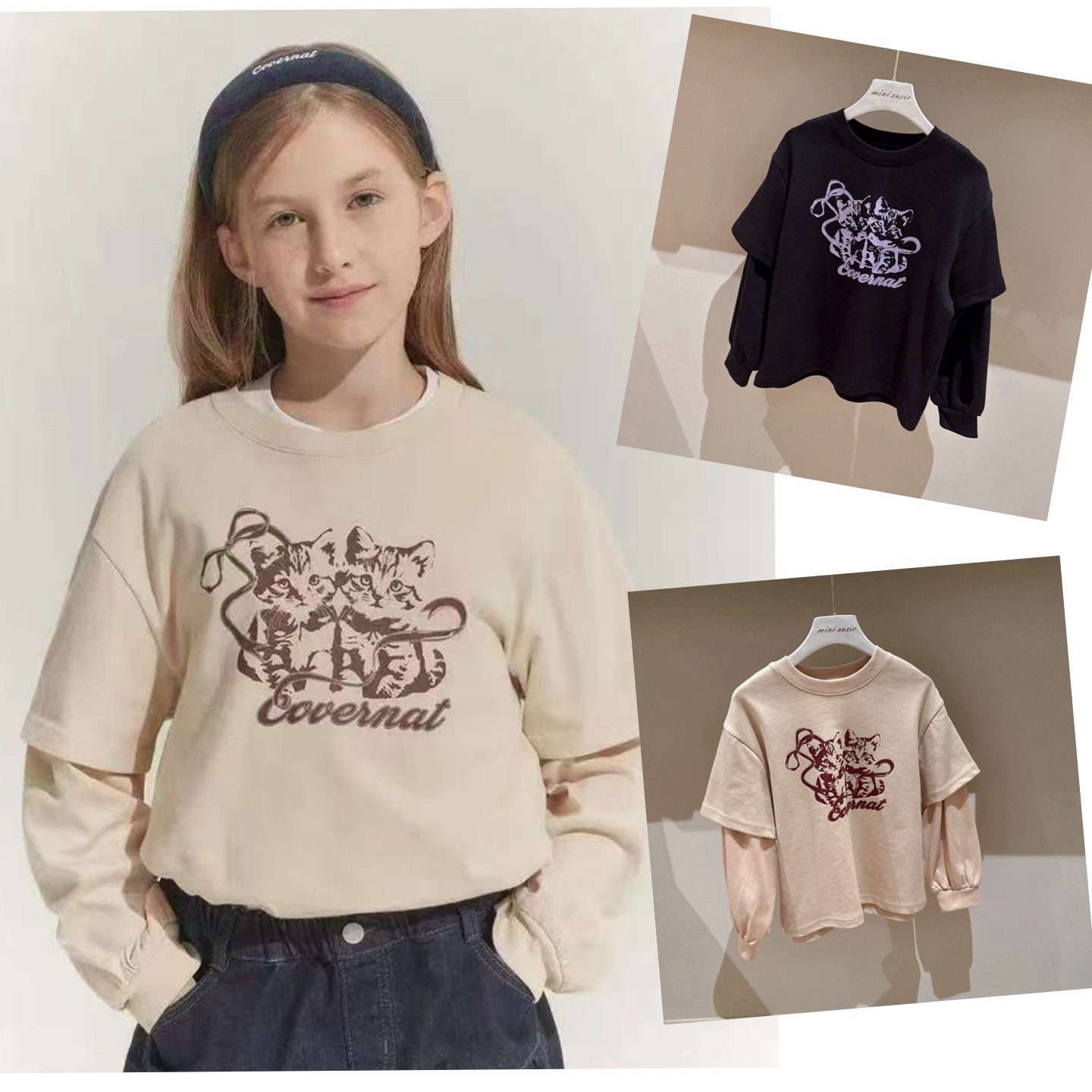 自留120-165韩系女童印花猫咪假两件薄毛圈（棉涤混纺）长袖T恤