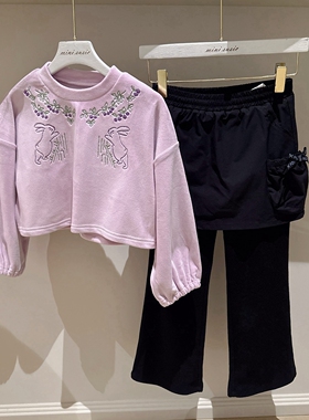 110-145韩系高端女童刺绣花朵兔子绒面套头短款卫衣