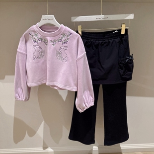 110-145韩系高端女童刺绣花朵兔子绒面套头短款卫衣