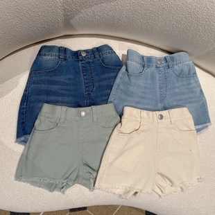 100-160日系女童半松紧腰牛仔四色流苏毛边裤脚短裤