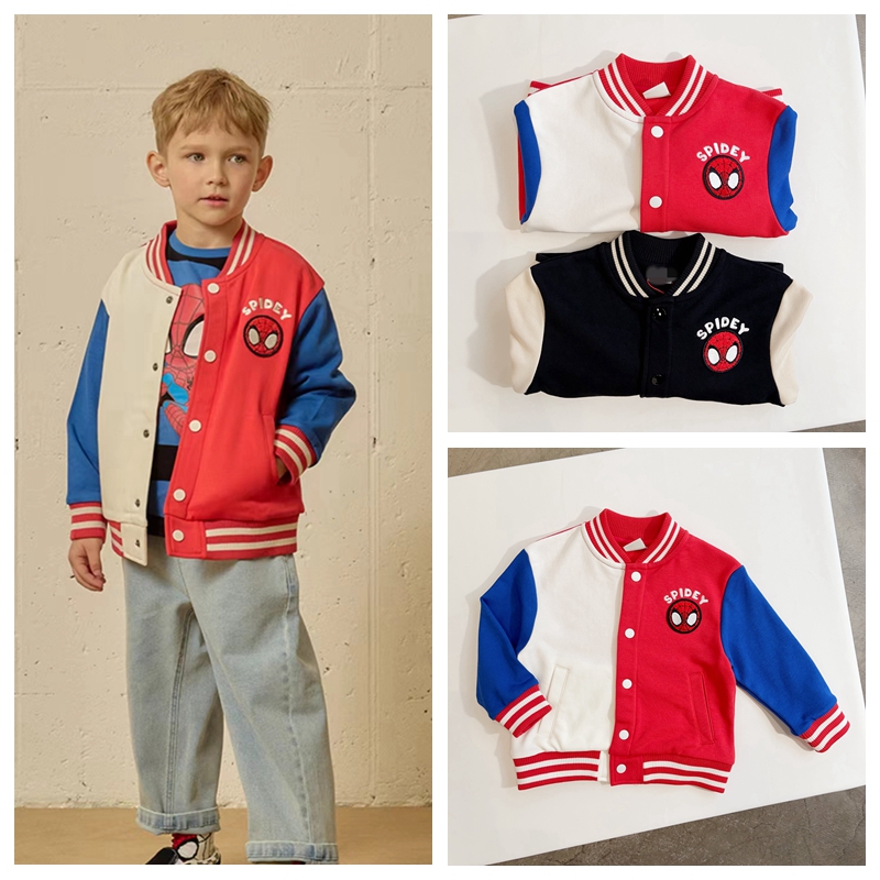 100-150韩系男女童英雄系列两色卡通贴布拼色棒球服外套
