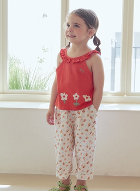 100-145韩系潮童RJ女童红色印花木耳肩吊带衫上衣