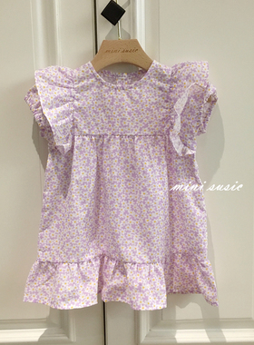 80-110韩国童装女童紫色碎花荷叶边泡泡袖纯棉单层连衣裙