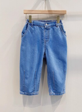 包邮自留100-145韩系潮童RJ蓝色内里磨毛松紧腰柔软牛仔长裤