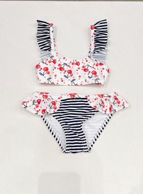98-122女童条纹樱桃分体泳衣套装