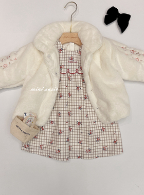 90-120韩国高端童装白色仿皮草刺绣花朵袖毛绒绒外套