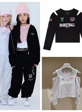 120-160韩系女童两色印花字母露肩长袖T恤