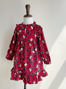 2-10法系女童红色满印花朵木耳领细条绒长袖连衣裙