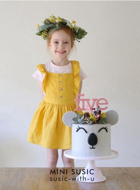 1-8岁澳女童柔软纯棉纱姜黄色背带裙